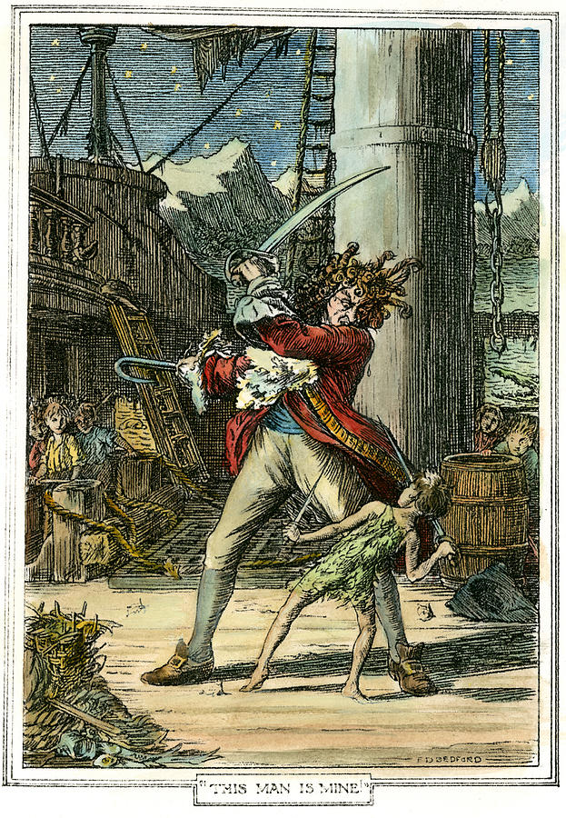 Francis D. Bedford illustration of a sword fight between Captain Hook and Peter Pan from "Peter Pan".