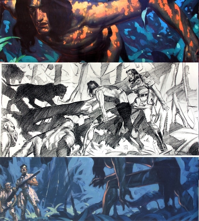 Tarzan creeps through the jungle, faces a jaguar, and confronts hunters in three panels by artist John Watkiss from concept art for the 1999 Disney animated film "Tarzan". 