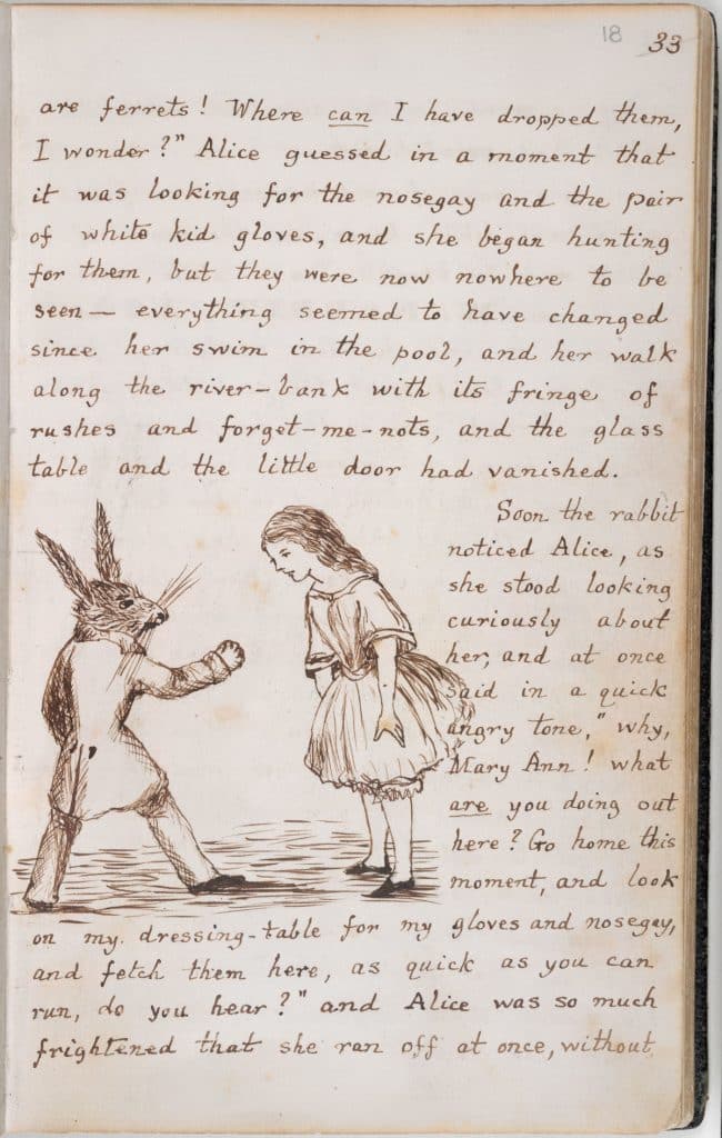 Page from Lewis Carroll's original manuscript of "Alice's Adventures Under Ground" featuring an illustration of the March Hare and Alice.