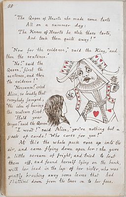 Page from Lewis Carroll's original manuscript of "Alice's Adventures Under Ground" featuring an illustration of the Queen of Hearts and Alice.