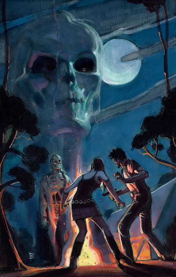 Two young people confront a reanimated skeleton with a giant skeleton head looming over them in a piece by artist John Watkiss from the cover art for the comic "Deadman 5".
