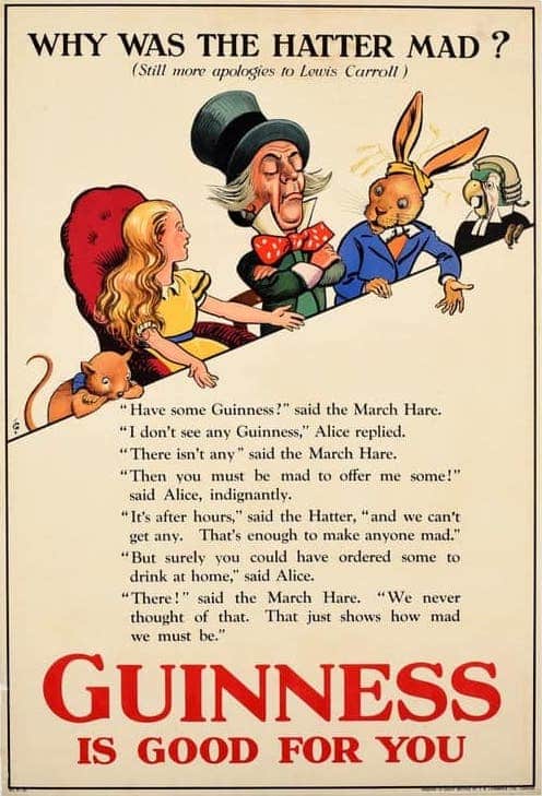 Guinness Beer advertisement featuring characters from "Alice in Wonderland" including Alice, the Mad Hatter, and the March Hare.
