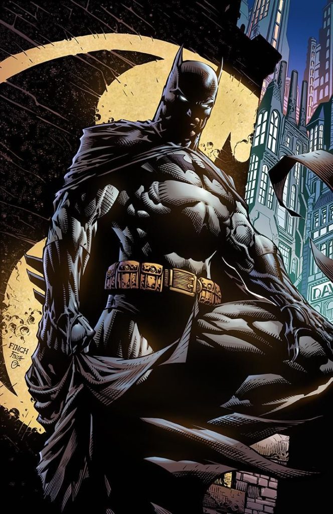 Illustration of Batman on top of a building in Gotham City standing in front of the Bat Signal. 