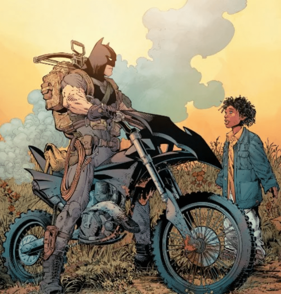 Illustration of Batman sitting astride the Batcycle and speaking with a child. 