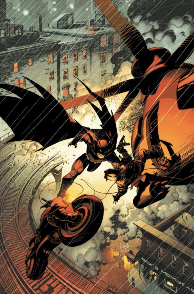 Illustration of Batman jumping off a motorcycle towards a helicopter above a burning building.
