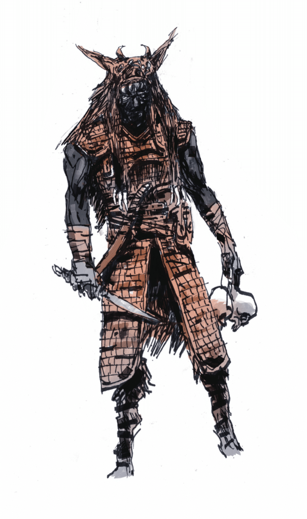 Concept art of a Boarderlander wearing animal skins and holding a knife from "The Looking Glass Wars" books and novels by Frank Beddor.
