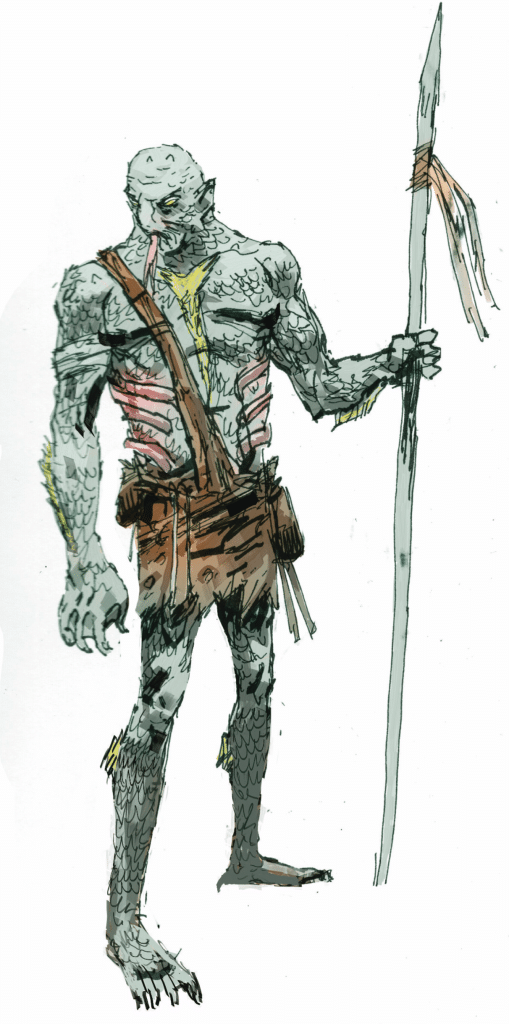 Concept art of a Boarderlander wearing a loin cloth and holding a spear from "The Looking Glass Wars" books and novels by Frank Beddor.