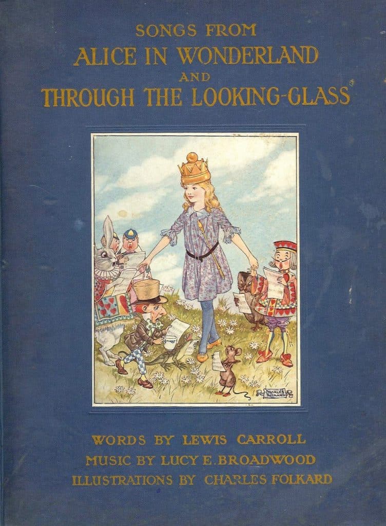 Cover of "Songs from 'Alice in Wonderland' and 'Through the Looking-Glass'" with image of large Alice surrounded by the Mad Hatter, the Dormouse, and the White Rabbit.