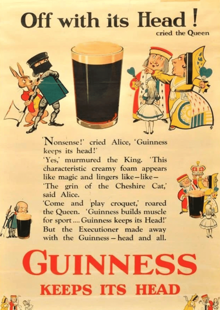 Guinness Beer advertisement featuring characters from "Alice in Wonderland" including King and Queen and the Executioner. 