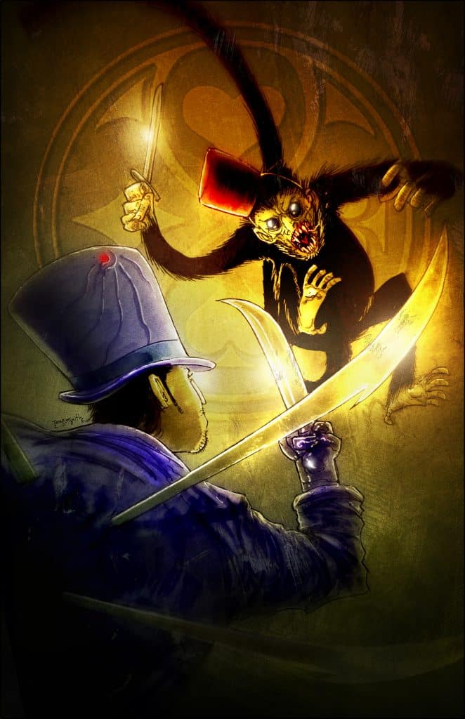 Illustration of Hatter Madigan fighting a monkey against the Suit Families logo by Ben Templesmith.