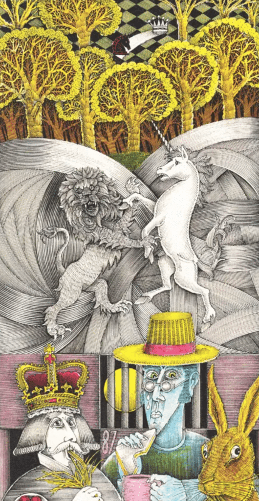 Illustration of "Alice in Wonderland" by artist John Vernon Lord featuring a lion, unicorn, and the March Hare. 
