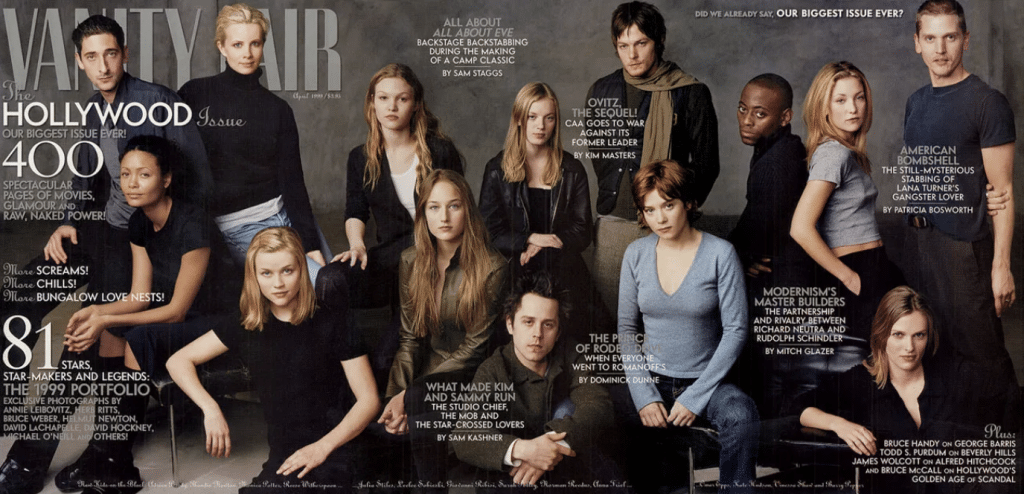 April 1999 cover of "Vanity Fair" magazine featuring actors Adrien Brody, Thandie Newton, Monica Poller, Reese Witherspoon, Julia Stiles, Leelee Sobieski, Giovanni Ribisi, Sarah Polley, Norman Reedus, Anna Friel, Omar Epps, Kate Hudson, Vinessa Shaw, and Barry Pepper. 