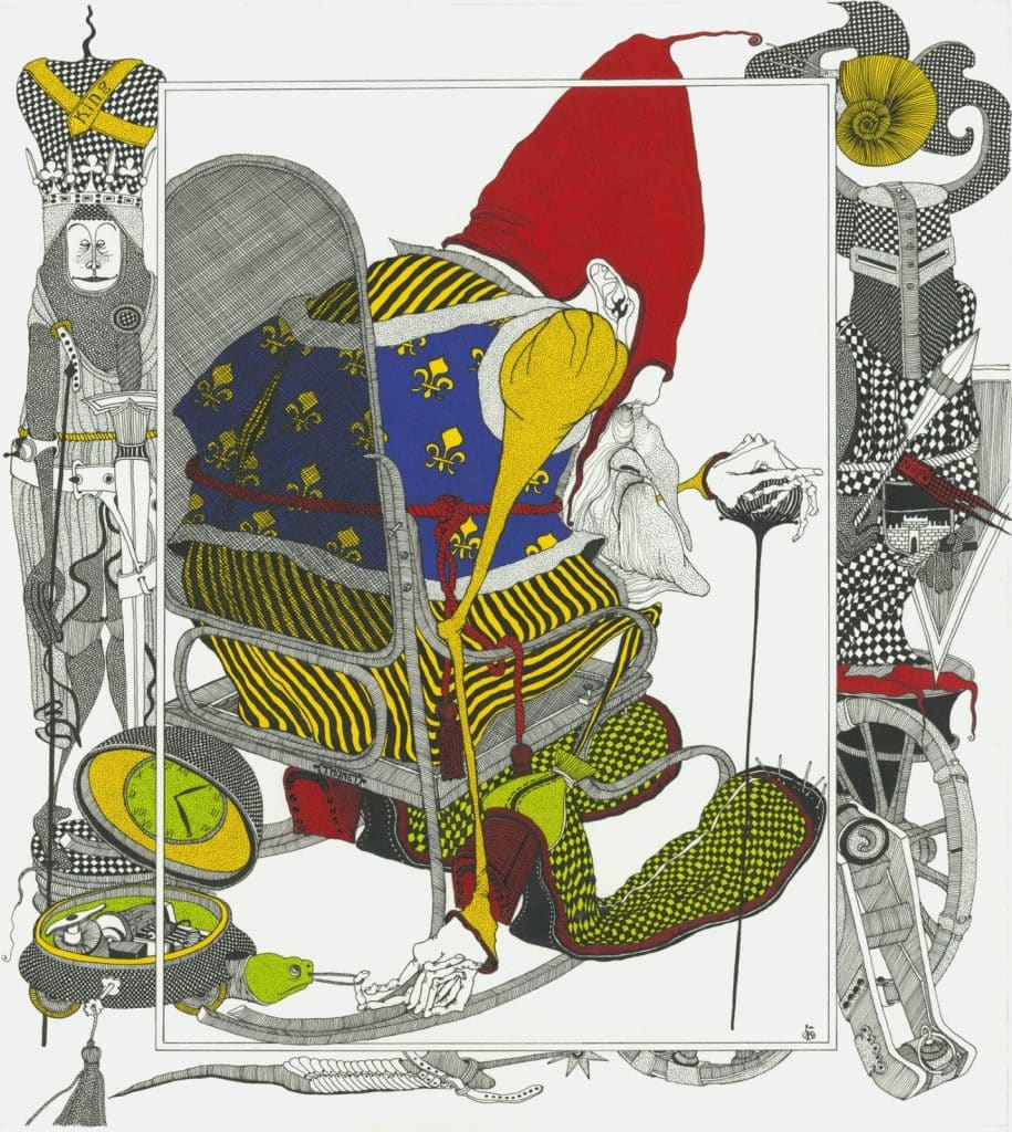 Illustration of "Alice in Wonderland" by artist Ksenia Lavrova featuring an old man in a chair flanked by medieval-style soldiers. 