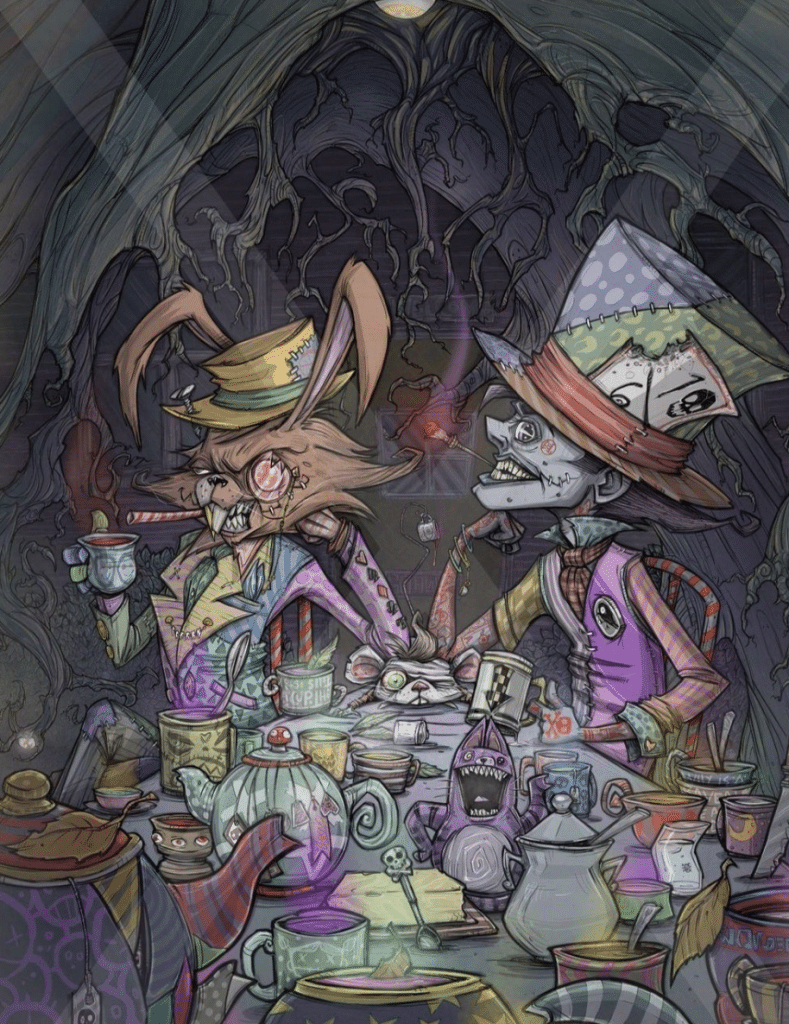 Twisted Mad Tea Party featuring the Mad Hatter and March Hare by artist Rickey Romero (Mr. Revenge). 