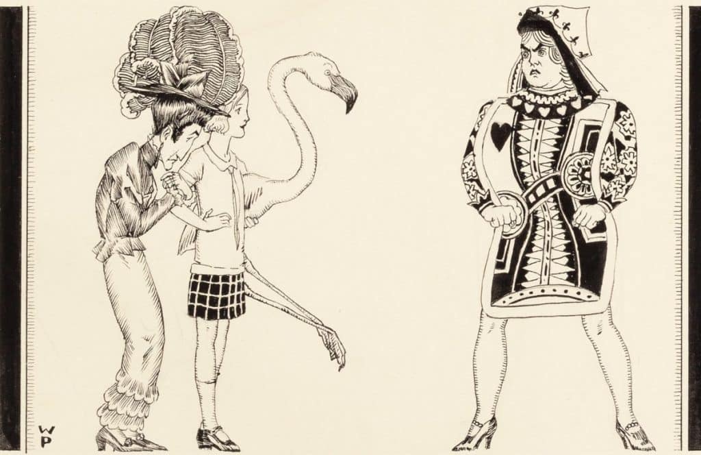 Illustration of "Alice in Wonderland" by artist Willy Pogany featuring Alice in flapper dress and the Queen of Hearts. 