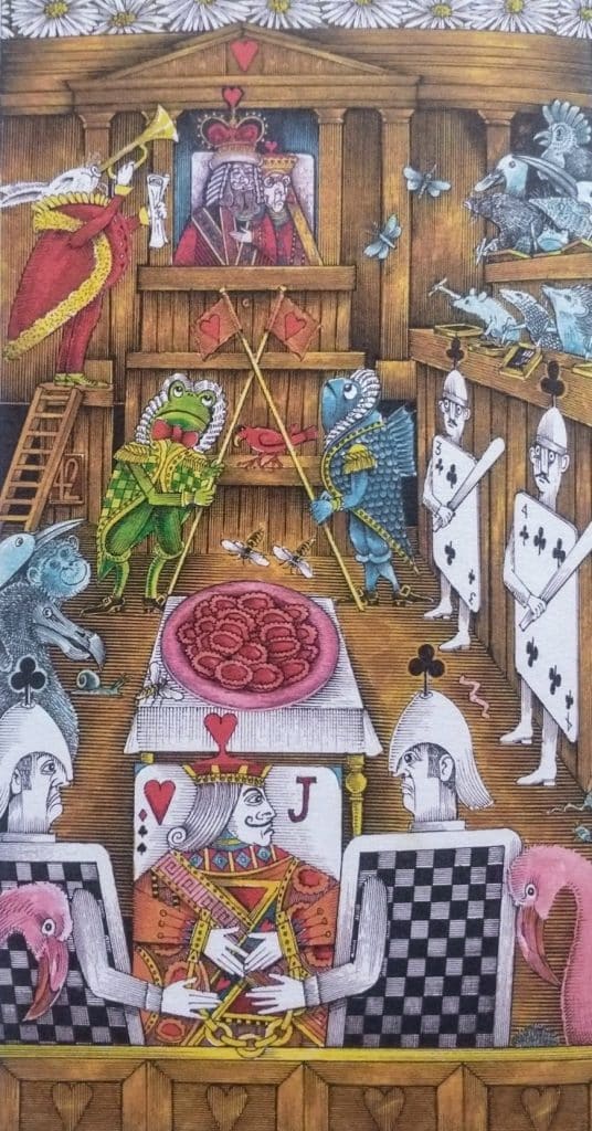 Illustration of "Alice in Wonderland" by artist John Vernon Lord featuring the King and Queen of Hearts, the Jack of Hearts, and the White Rabbits.