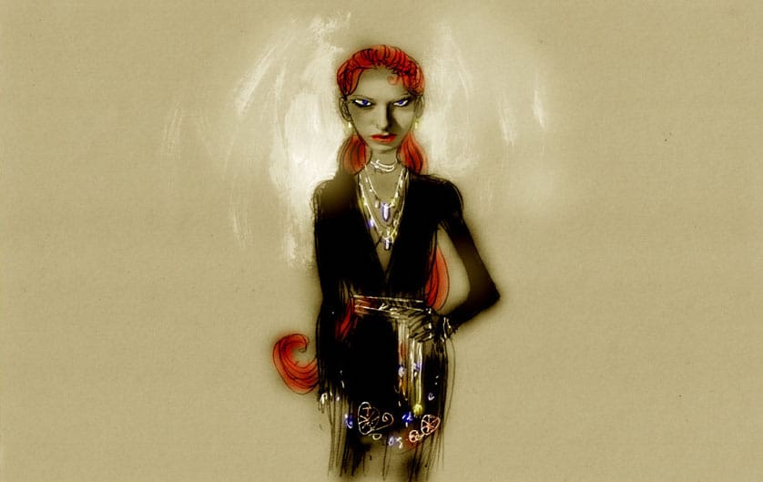 Illustration of Magda Pushikin in a black dress with jewelry by artist Ben Templesmith. 