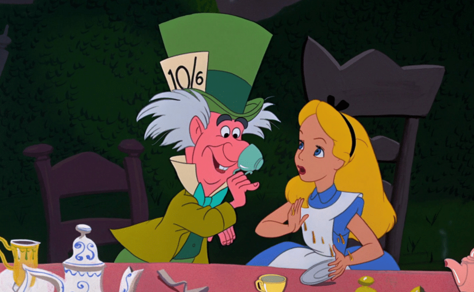 Still image of Alice and the Mad Hatter drinking tea in the 1951 Disney animated film "Alice in Wonderland". 
