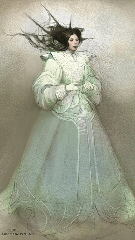 Illustration of Queen Genevieve, wearing a white formal dress, from Frank Beddor's "The Looking Glass Wars".