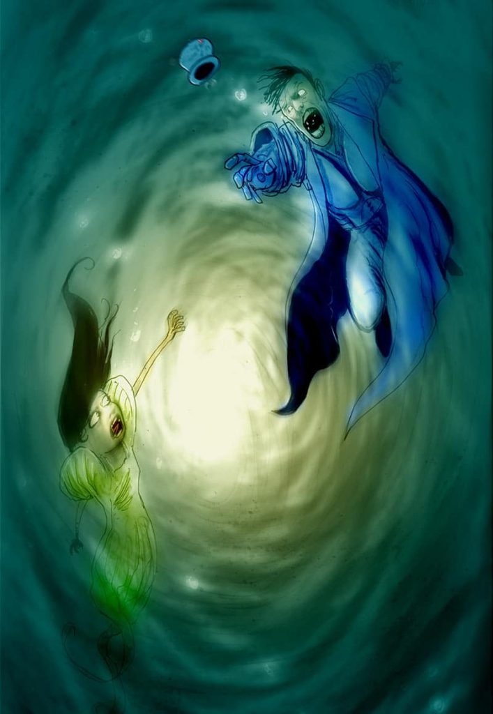 Illustration of Princess Alyss Heart and Hatter Madigan being separated as they travel through the Pool of Tears by artist Ben Templesmith from the graphic novel "Hatter M: Far From Wonder".