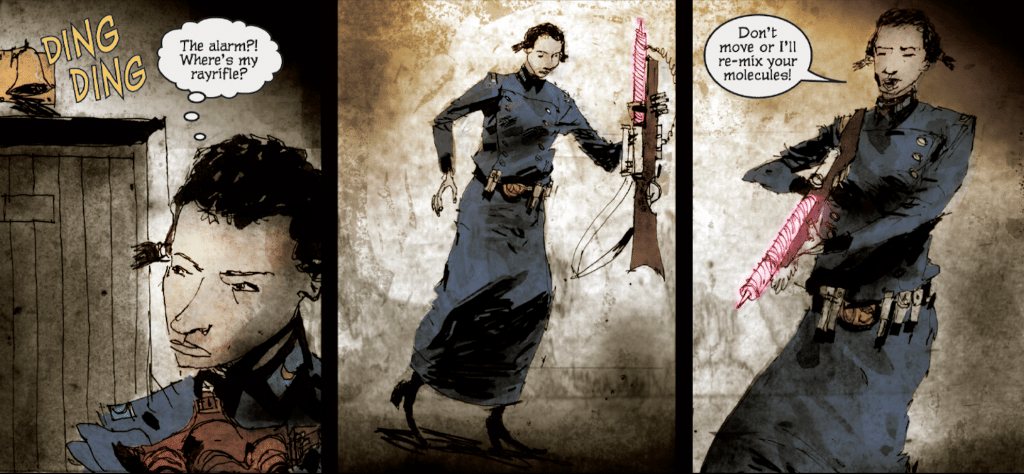 Triptych panel from the graphic novel "Hatter M: The Nature of Wonder" by artist Sami Makkonen, featuring Philomena Ark in a blue uniform wielding a pink rayrifle. 