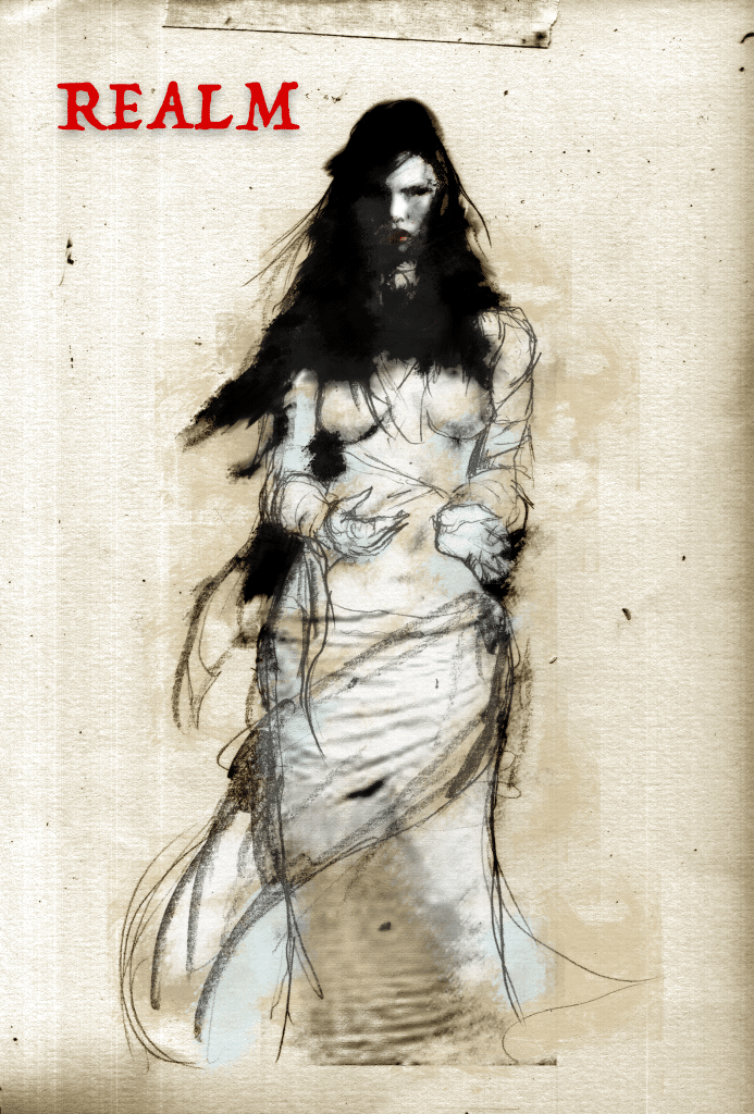 Sketch of Realm, wearing white robes, from the graphic novel "Hatter M: The Nature of Wonder" by artist Sami Makkonen. 