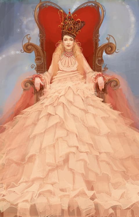 Queen Alyss Heart sitting on a red throne in a pink dress with a long, ruffled train by artist Andrea Wickland from Frank Beddor's "The Looking Glass Wars".