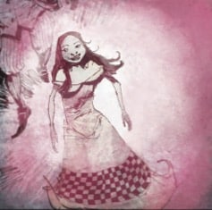 Illustration of Sister Sally, wearing a dress and shaded in pink, from a panel from the graphic novel "Hatter M: Mad with Wonder" by artist Sami Makkonen. 