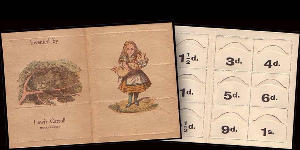 “Alice’s Adventures in Wonderland” stamp case by Lewis Carrol featuring illustrations of the Cheshire Cat and Alice. 