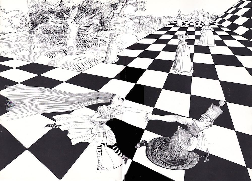 Illustration of the Queen of Hearts dragging Alice across a chessboard landscape under the watchful eye of two rooks from artist Ralph Steadman's illustration of "Alice in Wonderland". 