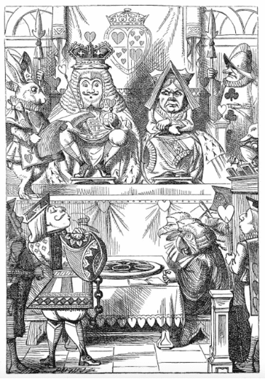 Illustration of the King and Queen of Hearts being attended to at a feast by artist Sir John Tenniel from “Alice’s Adventures in Wonderland” by Lewis Carroll. 