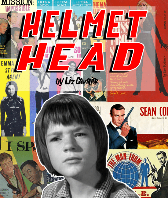 A promotional graphic for the screenplay "Helmet Head Girl Hero" by Liz Cavalier featuring an image of Mary Badham as Scout Finch from the 1962 film "To Kill A Mockingbird".