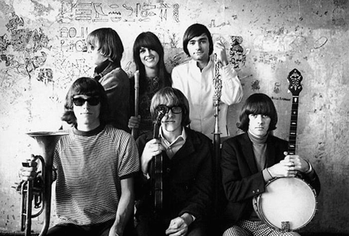 Promotional photograph taken in 1967 of the members of the psychedelic rock band Jefferson Airplane - Grace Slick, Marty Balin, Jack Casady, Spencer Dryden, Paul Kantner, and Jorma Kaukonen