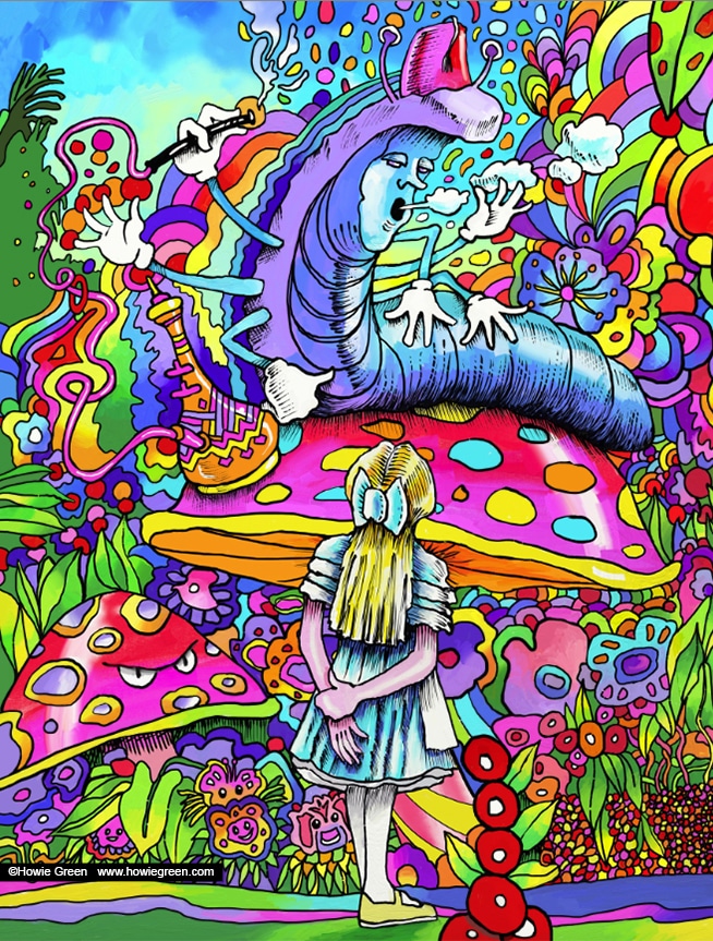 Psychedelic illustration inspired by "Alice's Adventures in Wonderland" of Alice looking up at the Blue Caterpillar who is smoking on a mushroom. Work by artist Howie Green.