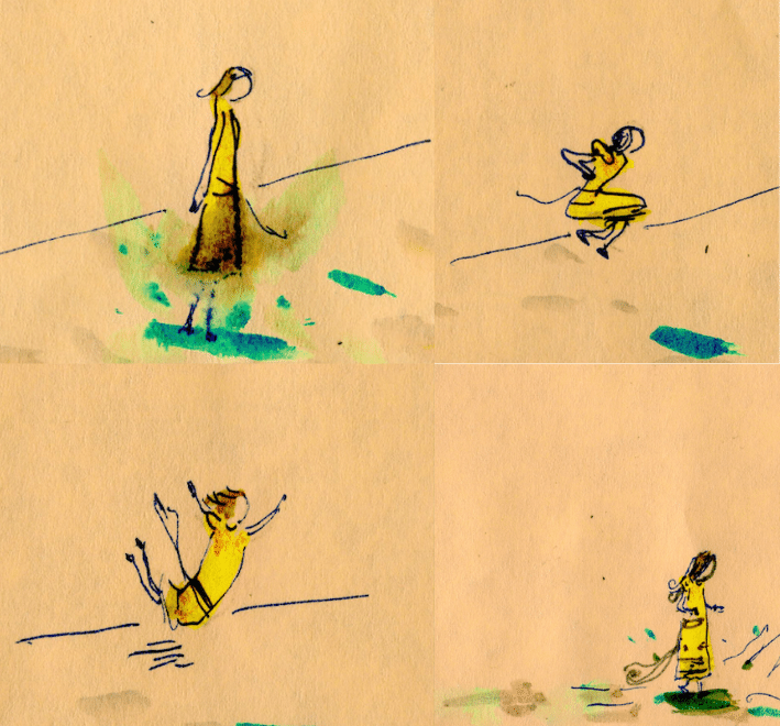 Illustrations by artist Catia Chien depicting Alyss trying to jump into a puddle, from the young adult fantasy novel "The Looking Wars" by author Frank Beddor. 