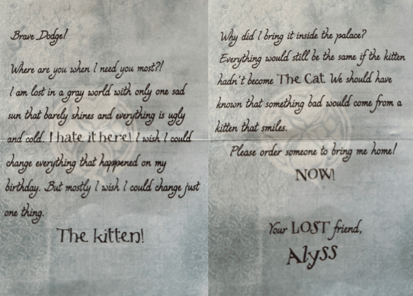 Image of a letter from Princess Alyss to Dodge Anders, inspired by the young adult fantasy novel "The Looking Wars" by author Frank Beddor. 
