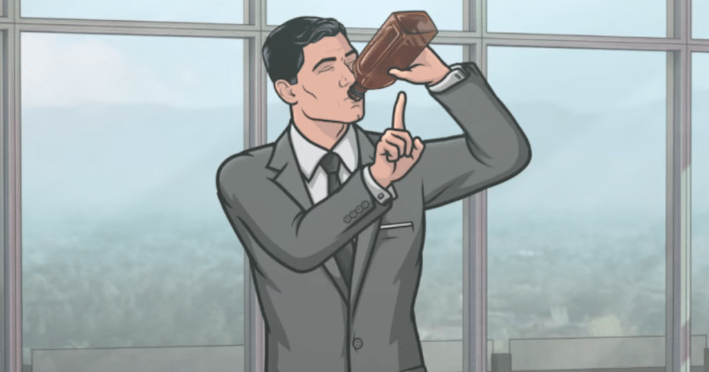 Still image from the FXX animated comedy series "Archer", featuring Sterling Archer holding his finger up and drinking from a liquor bottle. 