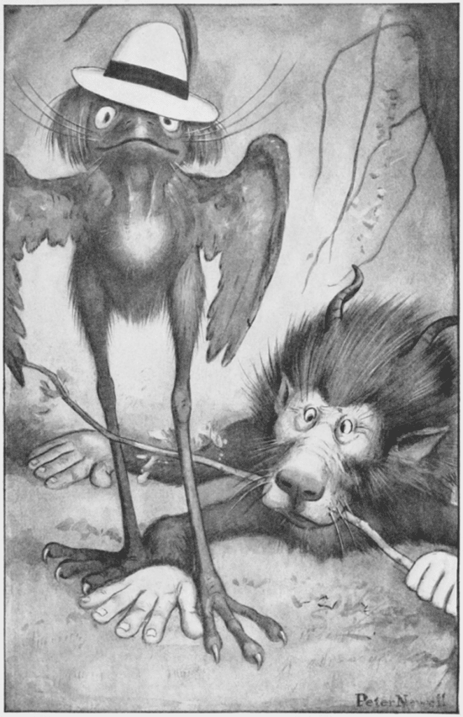 Illustration of the bandersnatch and Jubjub bird by artist Peter Newell for the 1902 edition of the novel "Through the Looking-Glass and What Alice Saw There" by Lewis Carroll. 