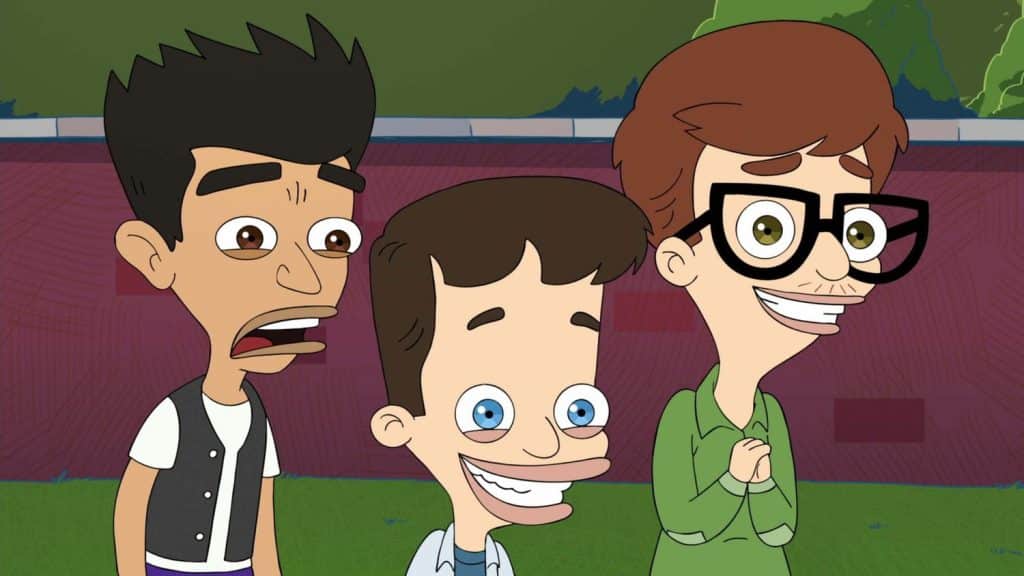 Still image from the Netflix animated comedy series "Big Mouth" featuring the characters Nick, Andrew, and Jay.