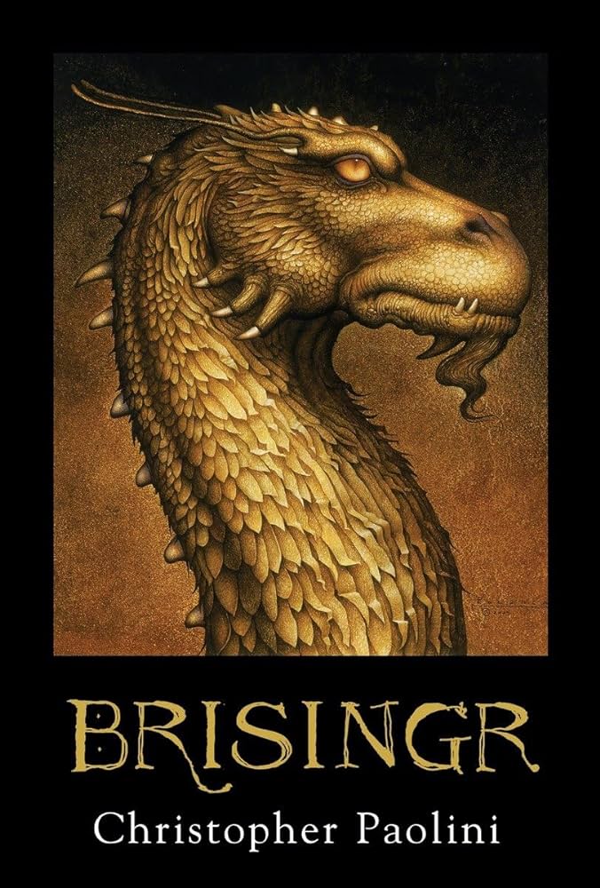 Cover image of the young adult fantasy novel "Brisingr" by author Christopher Paolini, featuring an illustration of the dragon Glaedr by John Jude Palencar.