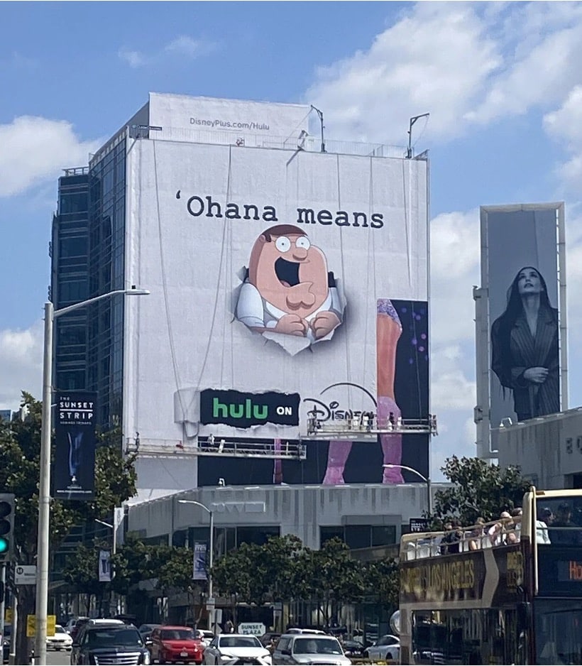 Disney Plus and Hulu billboard featuring Peter Griffin from the Fox animated comedy series "Family Guy".