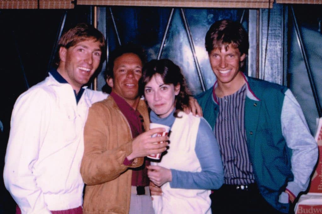 Image of "The Looking Glass Wars" author and World Champion freestyle skier Frank Beddor with Peter Judge, Jeff Chumas, and friend on the set of "Hot Dog...The Movie" in 1983.