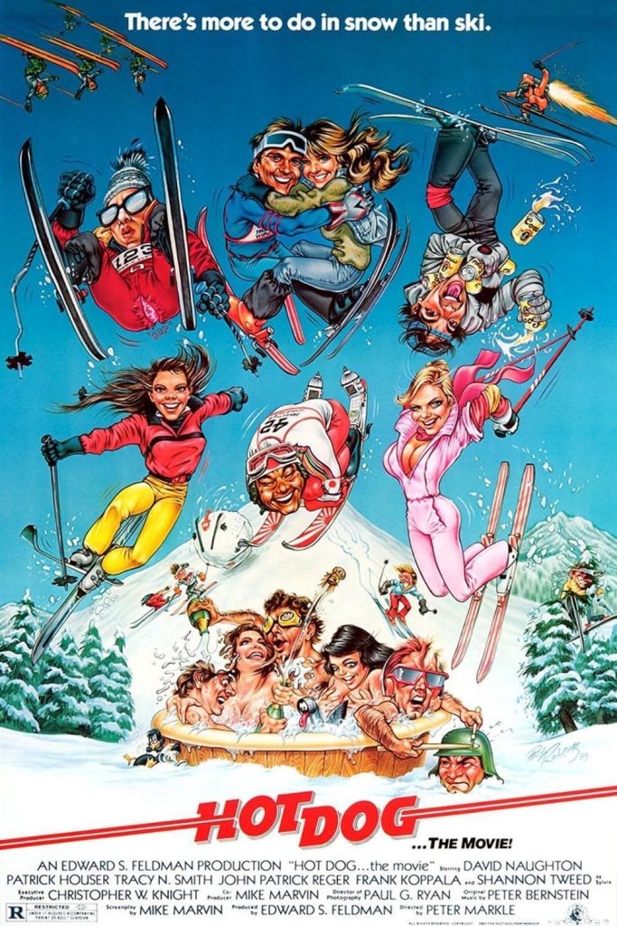 Poster for the 1984 teen sex comedy film "Hot Dog...The Movie" featuring a collection of skiers jumping off a mountain and a group of characters in a hot tub.