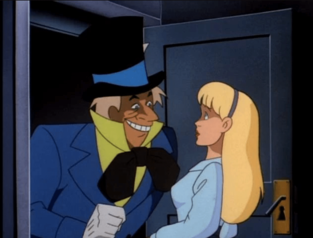 Still image from the episode "Mad as a Hatter" of the animated show "Batman: The Animated Series" featuring Jervis Tetch/the Mad Hatter and Alice. 
