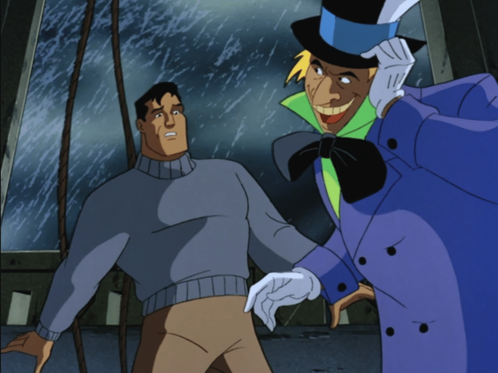Still image from the episode "Perchance to Dream" of the animated show "Batman: The Animated Series" featuring Bruce Wayne and Jervis Tetch/the Mad Hatter.