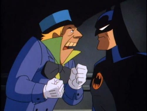 Still image from the episode "Mad as a Hatter" of the animated show "Batman: The Animated Series" featuring Batman confronting Jervis Tetch/the Mad Hatter.