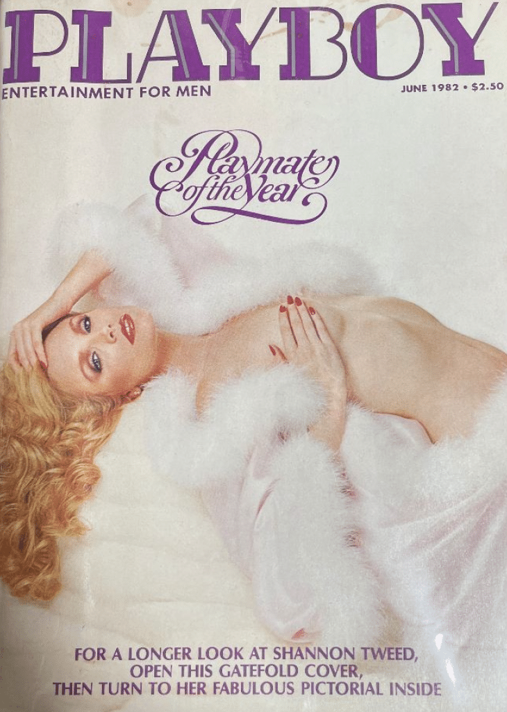 Image of the cover of June 1982 issue of Playboy magazine featuring Playmate of the Year Shannon Tweed reclining in a white, fur-lined robe. 