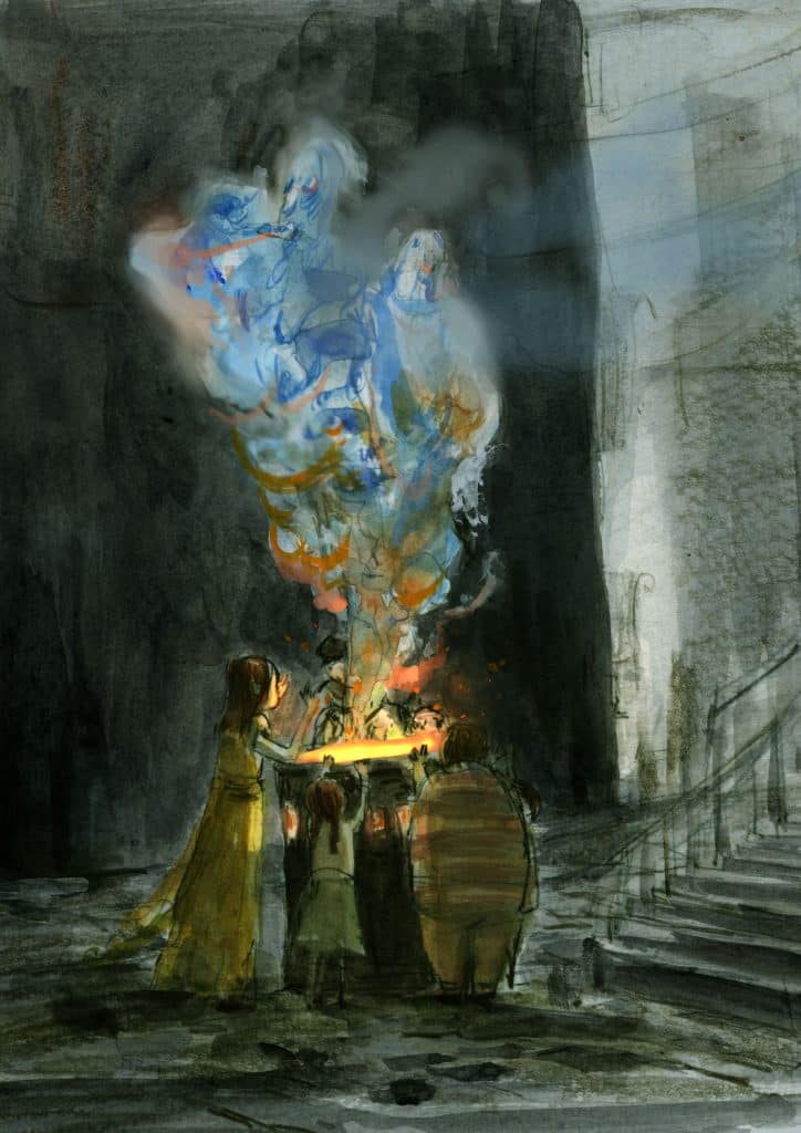 Illustration by artist Catia Chien of Alyss telling stories to the street children around a trash can fire from the young adult fantasy novel "The Looking Wars" by author Frank Beddor. 