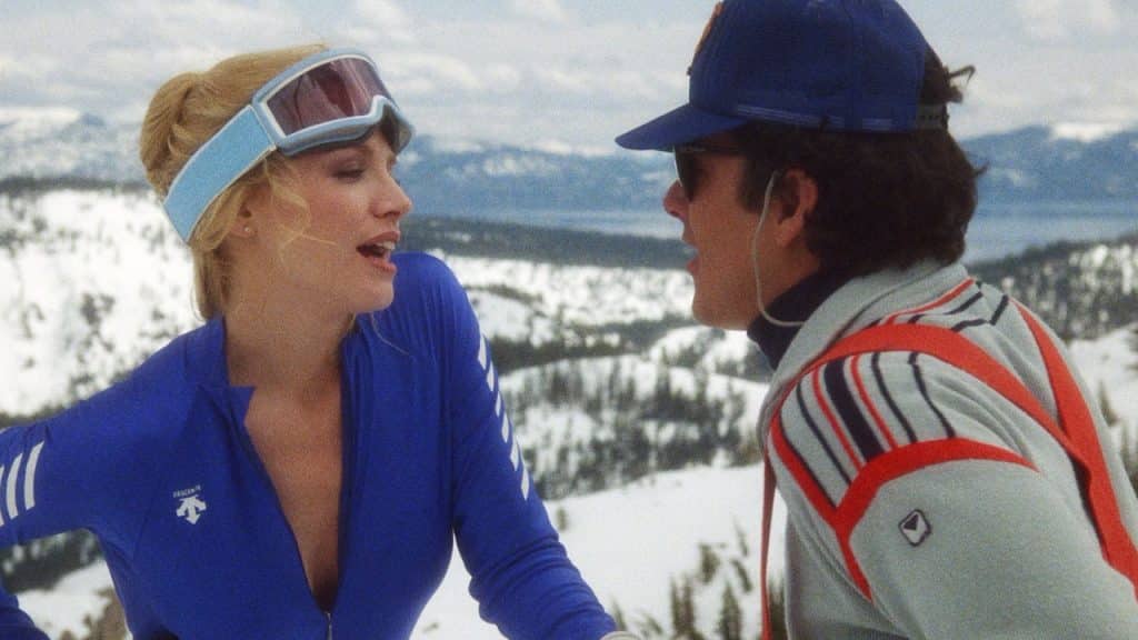 Still image of Shannon Tweed and David Naughton from the 1984 teen sex comedy ski film "Hot Dog...the Movie". 
