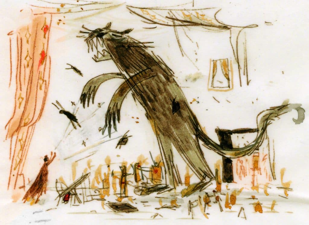 Illustration by artist Catia Chien of the Cat attacking Heart Palace from the young adult fantasy novel "The Looking Wars" by author Frank Beddor. 